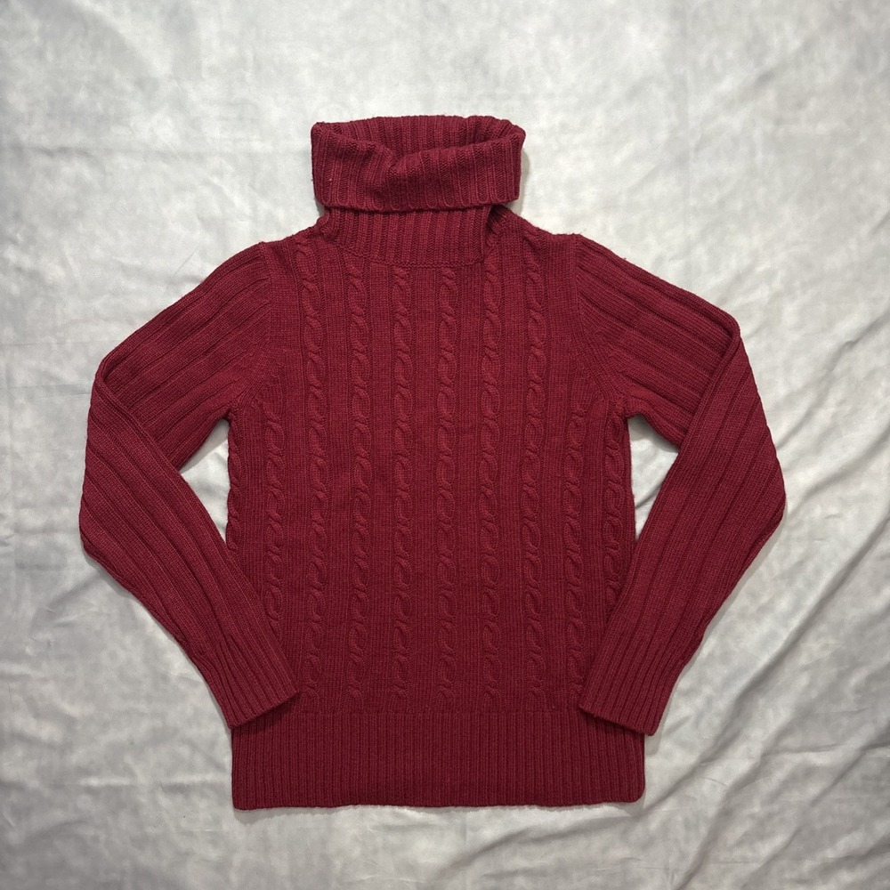 J. Crew Chunky Cable Knit Turtleneck Sweater Women's M Red Pullover Wool Blend